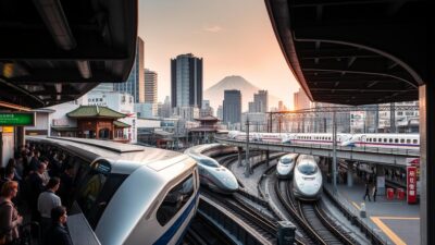 A bustling urban scene in Tokyo, Japan, showcasing the city's diverse public transportation options. In the foreground, a crowded subway platform with commuters boarding a sleek, high-speed train. In the middle ground, a busy intersection with a mix of traditional and modern architecture, where a fleet of iconic Japanese bullet trains, or "Shinkansen," glide by on elevated tracks. In the background, the silhouettes of towering skyscrapers and the iconic Mount Fuji, bathed in the warm glow of the setting sun. The scene captures the efficiency, convenience, and seamless integration of Japan's renowned public transit system, which helps residents and visitors alike navigate the city with ease.