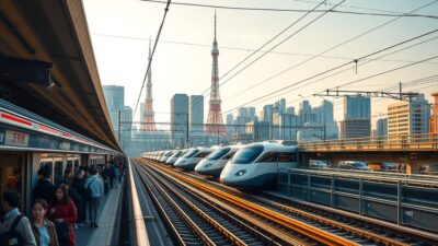 A busy urban scene in Tokyo, Japan showcasing the diverse modes of transportation. In the foreground, a crowded subway platform with commuters rushing to board sleek, high-speed trains. In the middle ground, the iconic Tokyo Tower stands tall, while efficient bullet trains glide by on elevated tracks. In the background, a web of overhead power lines and skyscrapers create a dynamic, futuristic cityscape bathed in warm, golden-hour lighting. The image conveys the efficiency, modernity, and interconnectedness of Japan's renowned public transit system.