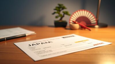 A detailed, high-resolution image of a Japan visa application form laid out on a wooden desk. The form is prominently displayed in the foreground, with a clean, well-lit background that features a few subtle Japanese cultural elements, such as a calligraphic brush, a small bonsai tree, or a decorative fan. The lighting is soft and diffused, creating a warm, inviting atmosphere. The composition emphasizes the importance of the visa application process, with the form taking up a significant portion of the frame. The image conveys a sense of professionalism and attention to detail, reflecting the care and diligence required when applying for a Japan tourist visa.