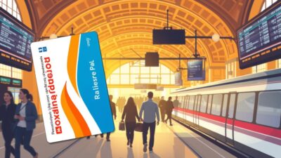 A detailed illustration of a regional rail pass against a backdrop of a bustling train station. The pass is prominently displayed in the foreground, its sleek design and vibrant colors capturing the eye. In the middle ground, passengers hurry through the station, their silhouettes conveying a sense of motion and energy. The background features the architectural elements of the station, such as arched ceilings, ticket counters, and digital departure boards, all bathed in warm, diffused lighting that creates a welcoming atmosphere. The overall scene conveys the convenience and flexibility of a regional rail pass, perfectly suited for the "Choosing the Right Pass Based on Your Itinerary" section of the article.