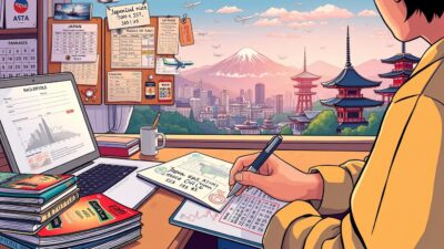 A detailed, vibrant illustration of a person seated at a desk, meticulously planning a vacation to Japan. The foreground showcases an open laptop, a stack of travel guides, and a pen poised over a notebook filled with handwritten notes and calculations. The middle ground features a corkboard pinned with train schedules, flight itineraries, and currency exchange rates, creating a sense of organized chaos. In the background, a panoramic view of iconic Japanese landmarks, such as Mount Fuji, the Tokyo skyline, and traditional ryokans, provides inspiration and a sense of the destination. The lighting is warm and inviting, evoking a cozy, focused atmosphere, with a touch of anticipation for the upcoming journey.