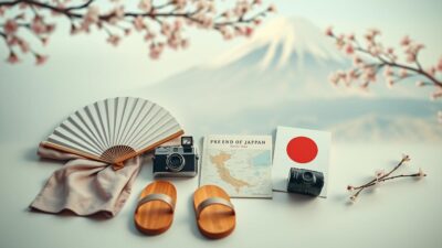 A flat lay arrangement showcasing the essentials for a pre-wedding photoshoot in Japan. In the foreground, a minimalist kimono, a decorative fan, and a pair of traditional Japanese wooden sandals. In the middle ground, a vintage-style camera, a map of Japan, and a guidebook on Japanese culture. In the background, blurred cherry blossom branches and a serene landscape of Mount Fuji. The lighting is soft and diffused, creating a warm, romantic atmosphere. The overall composition conveys the elegance and simplicity of a pre-wedding session in the land of the rising sun.