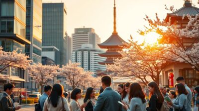 A government incentive program in Japan, showcasing a serene Japanese cityscape with modern office buildings, traditional architecture, and cherry blossom trees lining the streets. The scene is bathed in warm, golden light, creating a welcoming atmosphere. In the foreground, a group of diverse individuals, including families and young professionals, are gathered, examining informational brochures and conversing animatedly, highlighting the program's accessibility and inclusivity. The overall composition conveys a sense of opportunity, growth, and the harmonious integration of tradition and modernity that characterizes Japan's approach to supporting new residents.
