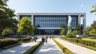 A grand, modern museum building standing amidst lush, verdant gardens. The facade features sleek lines and expansive glass panels, allowing natural light to flood the interior. A striking mix of concrete, steel, and wood creates a sophisticated, futuristic aesthetic. The entrance is flanked by towering, sculpted steel sculptures that appear to bend and twist, hinting at the technological marvels within. Visitors stroll along neatly paved pathways, surrounded by carefully manicured shrubbery and blooming flowers. The overall scene conveys a sense of innovation, education, and a harmonious blend of nature and technology.