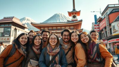 A group of diverse travelers posing joyfully in front of a iconic Japanese landmark, like the majestic Mount Fuji or the vibrant Shibuya Crossing. Warm natural lighting illuminates their faces, conveying a sense of wonder and excitement. The background is crisp and detailed, showcasing the unique architectural styles and cultural elements of Japan. The image has a cinematic, high-quality aesthetic, captured with a wide-angle lens to create a sense of immersion and scale. The overall mood is celebratory, with the travelers' expressions and body language radiating satisfaction and fulfillment from their Japan travel experience.