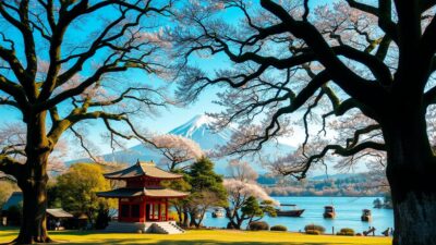 A lush, vibrant landscape of Japan's iconic natural wonders. In the foreground, a serene shrine nestled among towering, moss-covered trees, their branches casting intricate shadows across the tranquil grounds. In the middle distance, a majestic snow-capped mountain peak rises into the crisp, azure sky, framed by swaying cherry blossoms in full bloom. In the background, a glimmering lake reflects the surrounding natural beauty, its calm waters dotted with traditional wooden boats. Warm, soft lighting bathes the scene, creating a dreamlike, enchanting atmosphere that evokes the timeless allure of Japan's most picturesque tourist destinations.