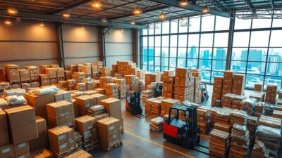 A modern warehouse interior with stacks of Japanese import goods, illuminated by warm overhead lighting. In the foreground, cardboard boxes and wooden crates are meticulously arranged, showcasing a variety of products. The middle ground features forklifts and logistics workers navigating the organized chaos, highlighting the efficiency of the import process. In the background, a large window offers a glimpse of the bustling city skyline, conveying the global nature of the operation. The scene radiates a sense of industriousness and precision, capturing the challenges and solutions involved in importing goods from Japan to Indonesia.