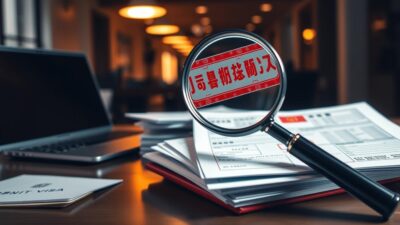 A neatly organized desk with a laptop, a stack of documents, and a red-stamped Japanese visa application form in the foreground. In the middle ground, a magnifying glass hovers over the application, as if closely inspecting it. The background features a dimly lit, blurred office environment, hinting at the serious and formal atmosphere of a visa application process. Warm, directional lighting illuminates the key elements, creating a sense of focus and importance. The overall scene conveys the common mistakes and challenges faced during the Japanese visa application for tourists.