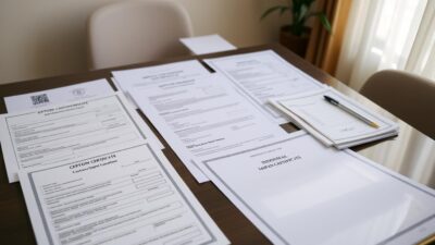A neatly organized desk with an assortment of official-looking documents, including customs forms, shipping manifests, and import certificates. The documents are arranged in a visually appealing, symmetrical layout, with a sense of order and professionalism. The lighting is soft and natural, creating a warm, inviting atmosphere. The background is slightly blurred, placing the focus squarely on the important paperwork required for importing goods from Japan to Indonesia. The overall impression conveys the meticulous attention to detail and compliance needed for a successful import process.