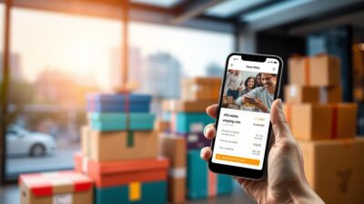 A neatly stacked pile of colorful shipping boxes and parcels, illuminated by soft, warm lighting. In the foreground, a hand holding a smartphone displays a simple, minimalist user interface showcasing affordable shipping rates and options. The background features a serene, blurred urban landscape, hinting at the convenience of doorstep delivery. The overall scene conveys a sense of accessibility, affordability, and the seamless integration of technology into the shipping experience.