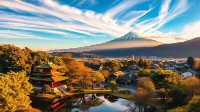 A panoramic landscape of a renowned Japanese destination, bathed in warm golden hour light. In the foreground, a serene temple nestled amidst lush greenery, its traditional architecture and pagoda roof reflected in a tranquil pond. The middle ground showcases a picturesque village, with quaint houses and narrow alleys leading towards a towering mountain range in the distance, their snow-capped peaks piercing the azure sky. Wispy clouds drift overhead, casting soft shadows across the scene. The overall atmosphere exudes a sense of timeless, harmonious beauty, inviting the viewer to experience the allure of a private tour through Japan's most captivating locales.