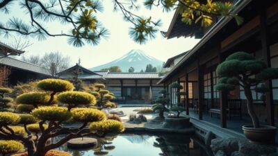 A private, immersive tour of Japan's cultural heart, bathed in soft, diffused natural light. In the foreground, a serene Japanese garden with carefully pruned bonsai trees and a tranquil koi pond, reflecting the surrounding architecture. In the middle ground, a traditional ryokan inn, its wooden facade and tatami-matted interiors exuding an aura of timeless elegance. In the background, the iconic silhouette of Mount Fuji, its snow-capped peak piercing the horizon. The overall mood is one of authentic, unhurried exploration, inviting the viewer to step into a realm of timeless cultural immersion.