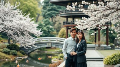 A serene Japanese garden with a pagoda-style pavilion, surrounded by lush greenery and blooming cherry blossoms. In the foreground, a stylish young couple dressed in modern yet elegant attire stands together, basking in the soft, diffused lighting and capturing a moment of tranquility. The background features a traditional stone bridge arching over a koi pond, creating a picturesque scene that evokes the essence of a Japanese prewedding photoshoot. The overall atmosphere exudes a sense of harmony, simplicity, and understated luxury, showcasing the effortless beauty of a prewedding session in Japan.