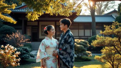 A serene Japanese garden with a traditional wooden pavilion in the background, bathed in warm afternoon sunlight. In the foreground, a young couple dressed in exquisite kimonos - the bride in a delicate floral design, the groom in a sophisticated monochrome pattern - standing together, their gazes locked in a moment of blissful connection. The scene is captured through a medium-wide lens, creating a sense of tranquility and intimacy. Soft, diffused lighting accentuates the rich textures of the fabrics and the lush greenery surrounding them, evoking the elegance and timelessness of a Japanese pre-wedding photoshoot.