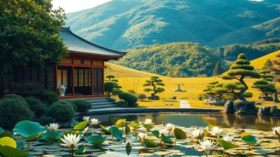 A serene Japanese garden with a traditional wooden pavilion nestled among lush foliage. The pavilion is bathed in warm, golden light, reflecting off the polished wooden floors and paper-screen walls. In the foreground, a tranquil pond is dotted with floating lotus blossoms, their petals gently swaying in the light breeze. The middle ground features a stone path leading towards the pavilion, flanked by carefully manicured bonsai trees and pruned shrubs. The background is framed by the verdant, rolling hills of the Japanese countryside, creating a sense of peaceful isolation. The overall atmosphere conveys a sense of harmony, tradition, and the beauty of the natural world.
