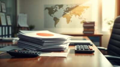 A serene office setting, bathed in warm, natural lighting. On the desk, a stack of documents and a calculator, representing the careful preparation and financial calculations involved in the import process. In the background, a world map or flag of Japan, subtly hinting at the international nature of the endeavor. The overall atmosphere conveys a sense of organization, attention to detail, and the deliberation required before embarking on a successful import venture from Japan to Indonesia.