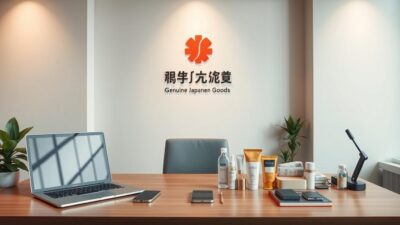 A sleek, modern office desk with a laptop, smartphone, and a selection of Japanese consumer products neatly arranged. The lighting is soft and warm, creating a cozy, professional atmosphere. In the background, a clean, minimalist wall displays the company's logo, conveying a sense of trustworthiness and authenticity. The products are photographed from a high angle, highlighting their quality and attention to detail. The overall composition is balanced and visually appealing, inviting the viewer to explore the assortment of genuine Japanese goods available for direct shipment.