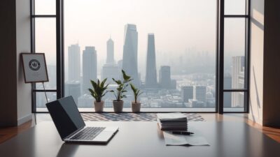 A sleek, modern office interior with large windows overlooking a bustling city skyline. In the foreground, a minimalist desk with a laptop, pen, and a stack of official-looking documents. On the wall behind the desk, a framed certificate or official seal signifying legal compliance. Soft, diffused lighting casts a professional, authoritative atmosphere. In the middle ground, potted plants and a stylish geometric-patterned rug add touches of sophistication. The background features tall, angular skyscrapers and a hazy, blue-gray horizon, conveying a sense of international business and regulations. The overall scene evokes a sense of credibility, attention to detail, and the legal requirements for importing Japanese beauty products.