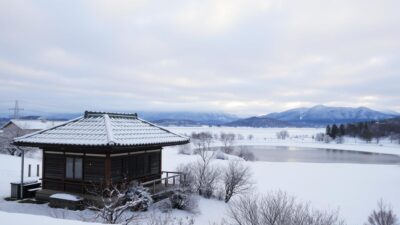 A snowy landscape in Japan during the winter season. In the foreground, a traditional Japanese house with a tiled roof, surrounded by a dusting of pristine white snow. In the middle ground, a frozen lake or pond, its surface mirroring the cloudy sky above. In the background, a range of snow-capped mountains, their peaks touching the horizon. The scene is bathed in a soft, warm light, creating a serene and peaceful atmosphere. Delicate snowflakes drift gently through the air, adding to the tranquil winter wonderland.