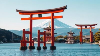 A sweeping vista of iconic Japanese landmarks set against a backdrop of snow-capped Mount Fuji. In the foreground, the grand torii gate of Fushimi Inari Shrine, its vermilion columns rising majestically. To the left, the serene waters of Lake Ashi reflecting the distant silhouette of Hakone's mountainous landscape. In the middle ground, the graceful architecture of Kinkakuji Temple, its golden pavilion shimmering in the warm afternoon light. The scene exudes a sense of timeless wonder, inviting the viewer to explore the rich cultural tapestry of Japan.