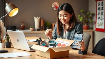 A vibrant and modern office setting, featuring a well-organized desk with a laptop, stationery, and a smartphone displaying Japanese e-commerce websites. The foreground showcases an open package revealing Japanese products, such as electronics, stationery, and cosmetics, with a focus on quality and attention to detail. The middle ground depicts a young professional woman, dressed in casual business attire, carefully examining the items with a sense of excitement and satisfaction. The background includes subtle nods to Japanese culture, such as a bonsai tree, origami decorations, or a wall scroll. The lighting is warm and inviting, creating a comfortable and productive atmosphere. The overall scene conveys the convenience, reliability, and appeal of using a &amp;quot;jastip&amp;quot; service to access coveted Japanese products.