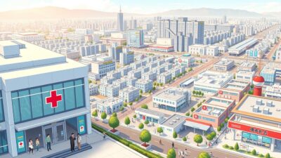 A vibrant, meticulously detailed illustration of the Japanese healthcare system. In the foreground, a modern hospital building with sleek, angular architecture, its facade adorned with the symbolic red cross. Patients enter through glass doors, conveying a sense of professionalism and accessibility. In the middle ground, rows of neatly organized medical facilities, clinics, and pharmacies, all interconnected by a network of pedestrian walkways. The background features a sprawling cityscape, skyscrapers, and bustling streets, symbolizing the integration of healthcare into the fabric of Japanese society. The scene is bathed in warm, diffused lighting, creating a welcoming, reassuring atmosphere. The overall composition conveys the efficiency, comprehensiveness, and user-friendliness of the Japanese healthcare system.
