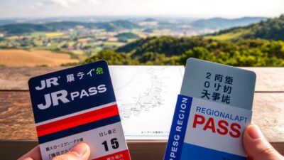 A visually striking side-by-side comparison of the JR Pass and Regional Pass, captured with a crisp, high-resolution lens. In the foreground, the two passes are displayed prominently, their distinct designs and features clearly visible. The middle ground showcases a detailed map of Japan, highlighting the extensive coverage and connectivity offered by each pass. In the background, a panoramic view of the Japanese countryside unfolds, evoking the sense of freedom and exploration that these travel passes provide. The scene is bathed in warm, natural lighting, creating a welcoming and aspirational atmosphere. The overall composition emphasizes the key differences and advantages of each pass, guiding the viewer's understanding of this essential travel decision.