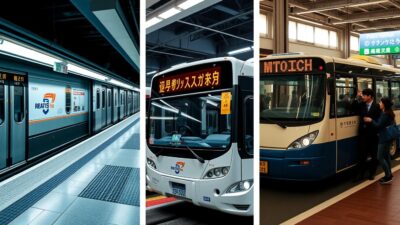 Berbagai moda transportasi di Jepang termasuk subway, bus kota, dan taksi