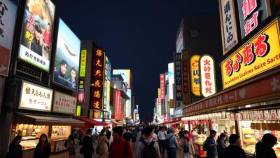 Dotonbori Osaka dengan papan iklan besar dan makanan jalanan, tempat wisata ramah untuk panduan turis Indonesia di Jepang Dotonbori Osaka dengan papan iklan besar dan makanan jalanan, tempat wisata ramah untuk panduan turis Indonesia di Jepang