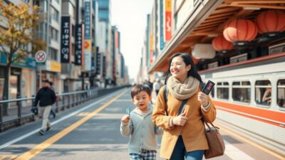 Gambar keluarga sedang berjalan di Tokyo dengan JR Pass