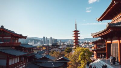 Gambar kota Kyoto dengan kuil tradisional