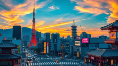 Gambar kota Tokyo dengan landmark terkenal