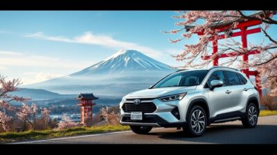 Gambar pemandangan alam Jepang dengan mobil rental