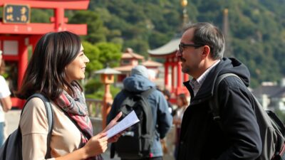 Gambar seorang pemandu wisata yang sedang menjelaskan tentang destinasi wisata di Jepang kepada seorang wisatawan