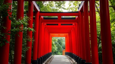 Gerbang torii merah di Kuil Fushimi Inari Taisha, Kyoto, destinasi ikonik untuk wisata ke Jepang