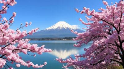 Gunung Fuji dengan danau dan pepohonan sakura, ikon wisata ke Jepang