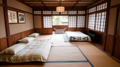 Interior ryokan tradisional Jepang dengan tatami dan futon, pengalaman menginap dalam panduan turis Indonesia di Jepang Interior ryokan tradisional Jepang dengan tatami dan futon, pengalaman menginap dalam panduan turis Indonesia di Jepang