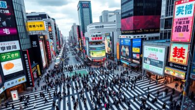 Pemandangan Shibuya Crossing di Tokyo, persimpangan tersibuk di dunia dan destinasi populer wisata ke Jepang