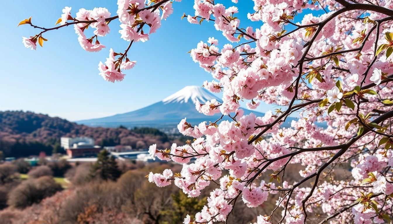 Pemandangan bunga sakura mekar dengan latar belakang Gunung Fuji di musim semi, salah satu daya tarik utama wisata ke Jepang
