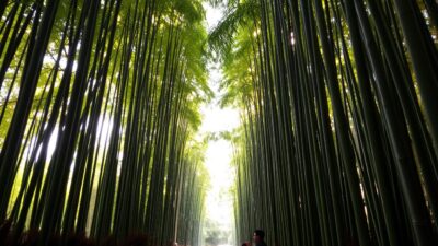 Pemandangan hutan bambu Arashiyama di Kyoto, destinasi alam populer untuk wisata ke Jepang