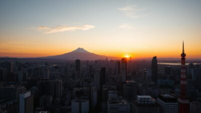 Pemandangan matahari terbenam di atas Tokyo dengan Gunung Fuji di kejauhan, mewakili keindahan wisata ke Jepang