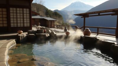 Pemandangan onsen outdoor dengan latar belakang pegunungan di ryokan Gora Kadan, destinasi populer wisata ke Jepang