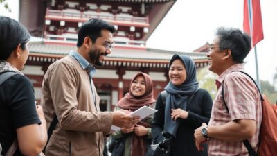 Pemandu wisata berbahasa Indonesia menjelaskan tentang kuil di Kyoto kepada wisatawan