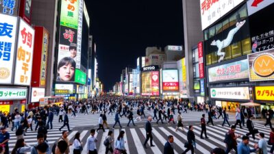 Persimpangan Shibuya yang ramai, destinasi populer dalam panduan turis Indonesia di Jepang Persimpangan Shibuya yang ramai, destinasi populer dalam panduan turis Indonesia di Jepang