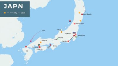 Peta itinerary perjalanan 7 hari di Jepang dengan rute transportasi