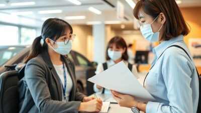 Proses penyewaan mobil di Jepang dengan petugas rental dan wisatawan