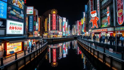 Suasana malam di Dotonbori Osaka dengan papan iklan berwarna-warni, tempat populer untuk wisata ke Jepang