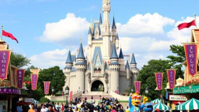 Tokyo Disneyland dengan kastil Cinderella yang ikonik, destinasi populer untuk wisata ke Jepang