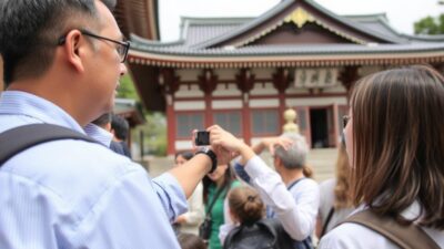 Tour guide profesional menjelaskan sejarah kuil kepada wisatawan selama wisata ke Jepang