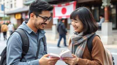 Wisatawan berinteraksi dengan penduduk lokal menggunakan frasa bahasa Jepang dasar selama wisata ke Jepang